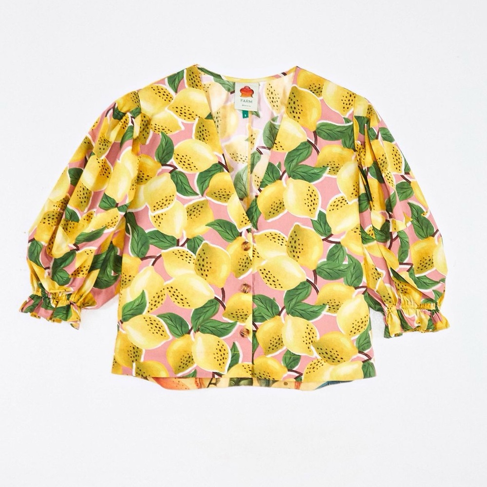 FARM RIO FRESH LEMONS PUFF SLEEVE SHIRT yellow green print balloon button up top